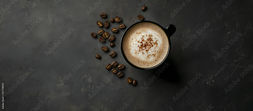 Coffee Delight: A top-down view presents a captivating arrangement of a coffee cup and scattered coffee beans, the aroma of the perfect brew hanging in the air. Coffee Delight: A top-down view presents a captivating arrangement of a coffee cup and scattered coffee beans, the aroma of the perfect brew hanging in the air.