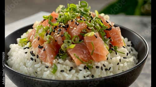 Salmon poke bowl, rice, garnish, kitchen, food blog
