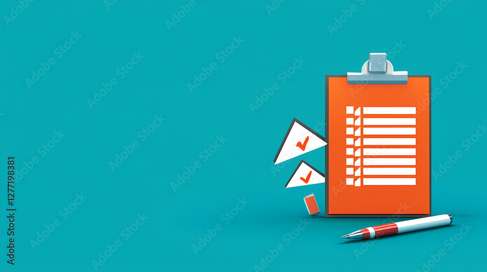 Productivity concept with checklist clipboard, orange check marks, white pen, and red house model on teal background for copy space below. Nightmare Realm Overgrowth. Illustration Productivity concept with checklist clipboard, orange check marks, white pen, and red house model on teal background for copy space below. Nightmare Realm Overgrowth. Illustration