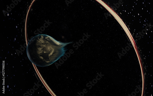 Planet Earth being engulfed by a supermassive black hole in space, illustrating powerful cosmic forces. Elements of this 3D rendered illustration where furnished by NASA.