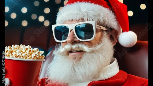 Santa enjoys popcorn at cinema, festive lights