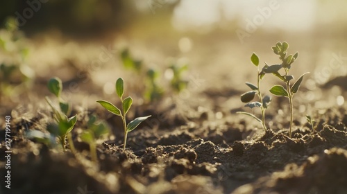Toxic fertilizer affecting plant growth in a farm. Featuring weak crops and contaminated soil