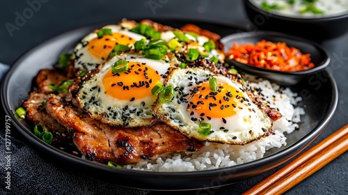 Mouthwatering Egg Foo Young a Classic Chinese Omelet Style Dish Served Atop Fluffy Rice with Vibrant Vegetables and Chopsticks on a Dark Background photo