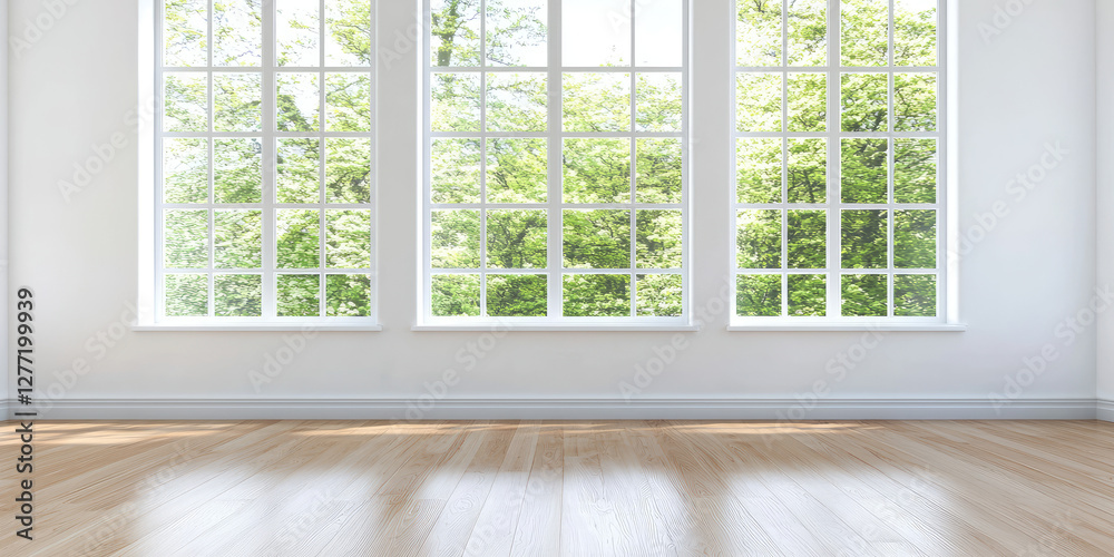 Fototapeta premium Clean empty room white walls, natural light from big panoramic windows, wooden flooring, real estate display. Apartment ready for sale.