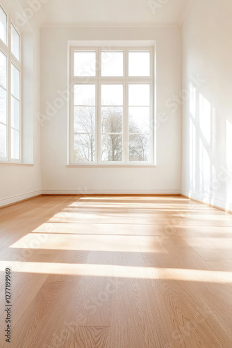 Clean empty room white walls, natural light from big panoramic windows, wooden flooring, real estate display. Apartment ready for sale.