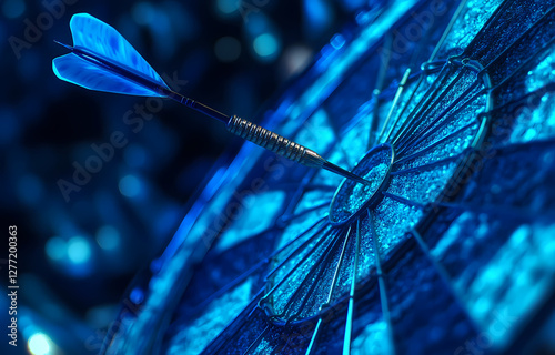 Bullseye Precision: A close-up shot of a dart precisely hitting the center of a blue dartboard, symbolizing accuracy and goal achievement.