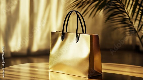 Golden shopping bag on wooden table by window photo