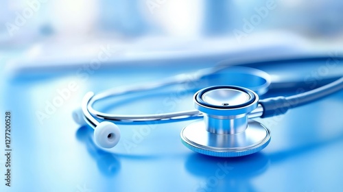 Close up of  stethoscope on  blue background medical tool used for heart examination and healthcare photo