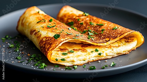 Perfectly Cooked Golden Brown French Omelette with Soft Creamy Texture and Delicious Appearance  Appetizing Breakfast or Brunch Dish