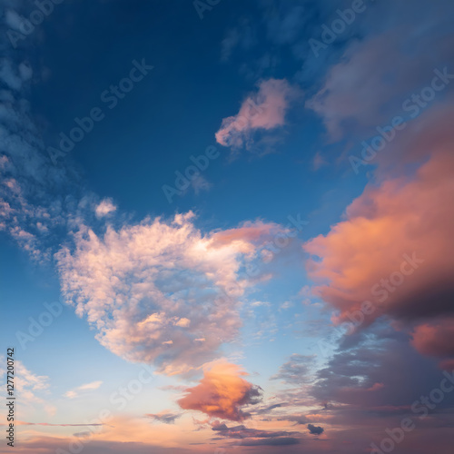 Clear blue sky. glowing pink and golden cirrus. view of sky during sunset