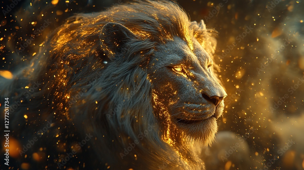 Naklejka premium Majestic lion portrait fantasy realm digital art ethereal environment close-up mythical concept