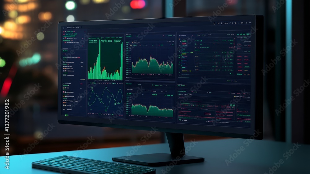 Stock market trends and data analysis on computer monitor comprehensive view Stock market trends and data analysis on computer monitor comprehensive view