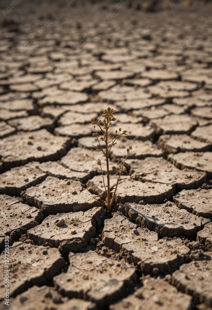 Obraz premium Parched soil with visible cracks, a single dried plant poking through the surface, set against a scorched, empty land Generative AI