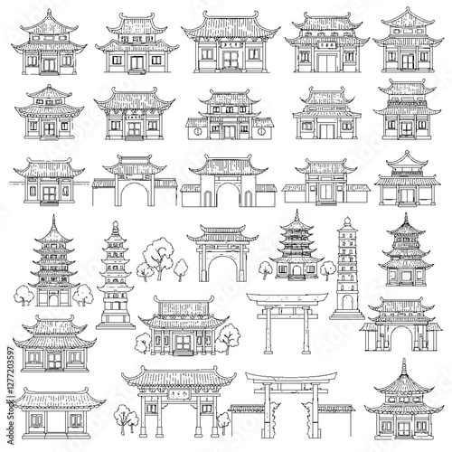Chinese house line art vector illustration set, chinese building outline, Chinese pagoda roof