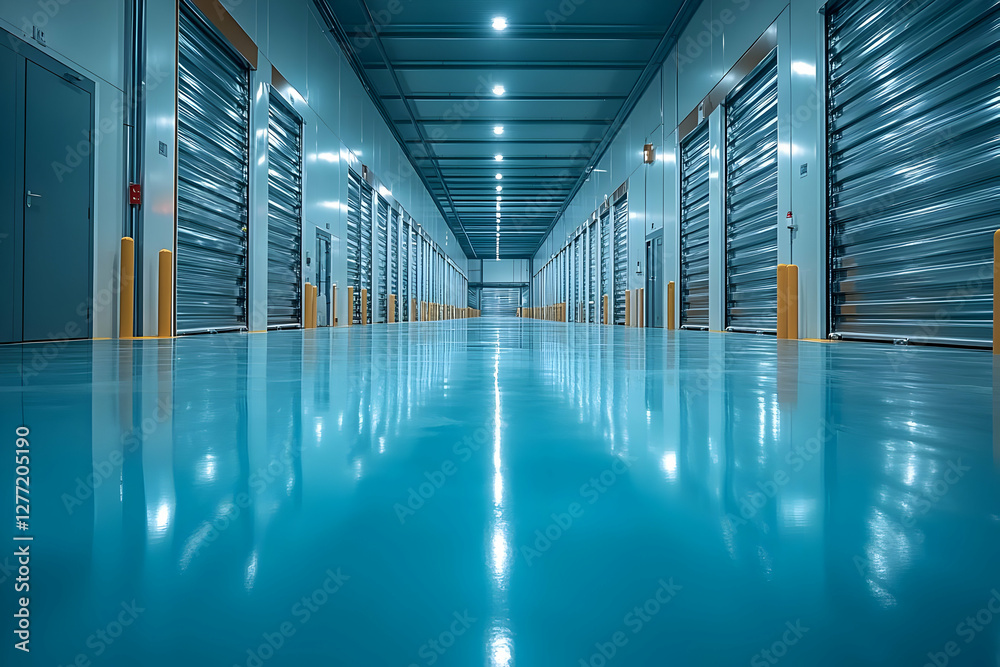 Illuminated Storage Unit Hallway with Shiny Blue Floor and Metallic Doors Perspective View Illuminated Storage Unit Hallway with Shiny Blue Floor and Metallic Doors Perspective View