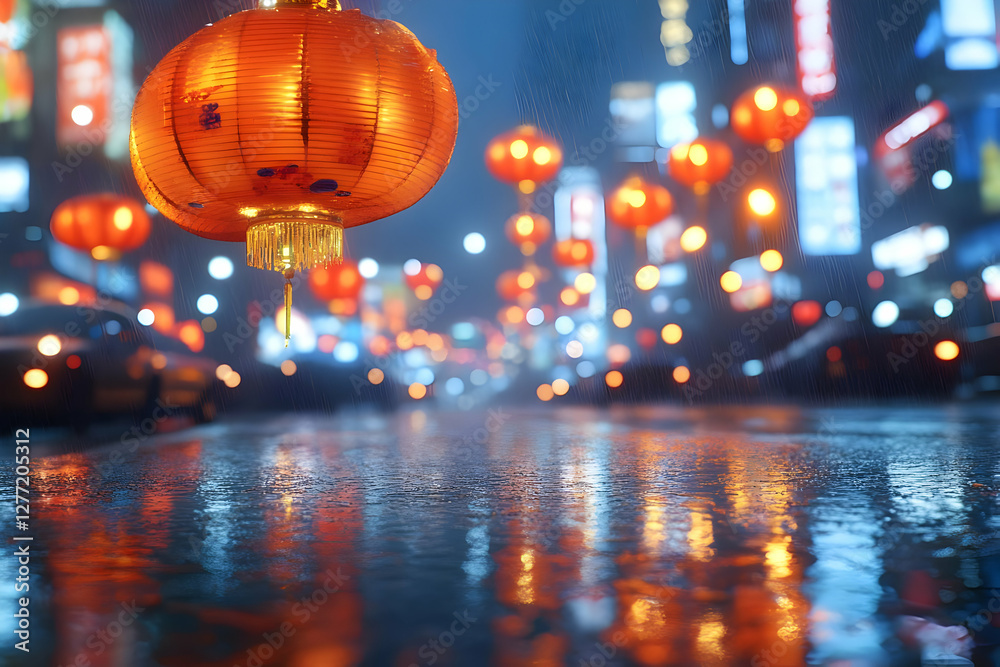 Festive Orange Chinese Lanterns Illuminate a Wet City Street at Night with Bokeh Lights Festive Orange Chinese Lanterns Illuminate a Wet City Street at Night with Bokeh Lights