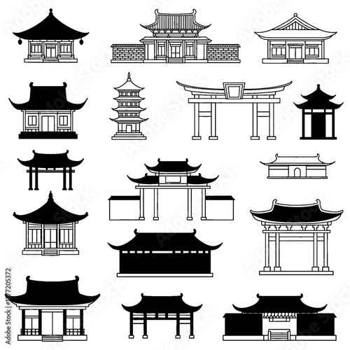 Chinese temple bitmap vector illustration. Set different architectural national tradition of China