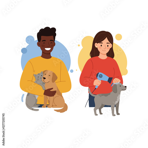 People Grooming Pets Happy Man Holding Cat and Dog Woman Drying Dog