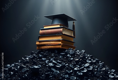 Pile of books with a hat of sincerity on top of a pile of coal. Education and mining concepts photo