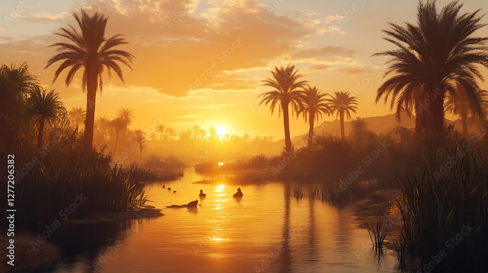 Serene morning light in desert oasis high resolution wallpaper Serene morning light in desert oasis high resolution wallpaper