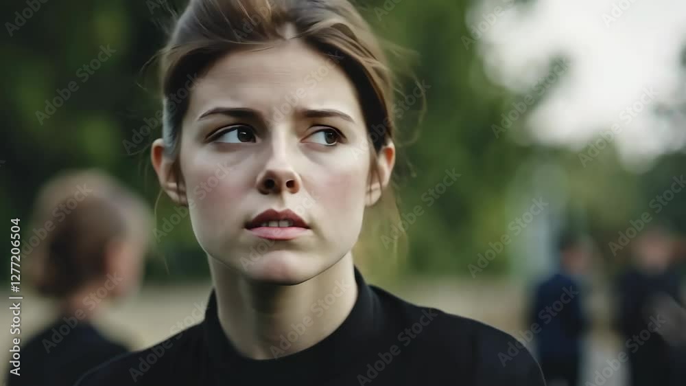 Girl in black outfit looks anxious amidst group of people outdoors during daylight in a park Girl in black outfit looks anxious amidst group of people outdoors during daylight in a park