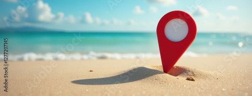 Beach Location Pin. Red Map Marker in Sand. Excellent for travel brochures, vacation planning websites, destination guides, mapping applications