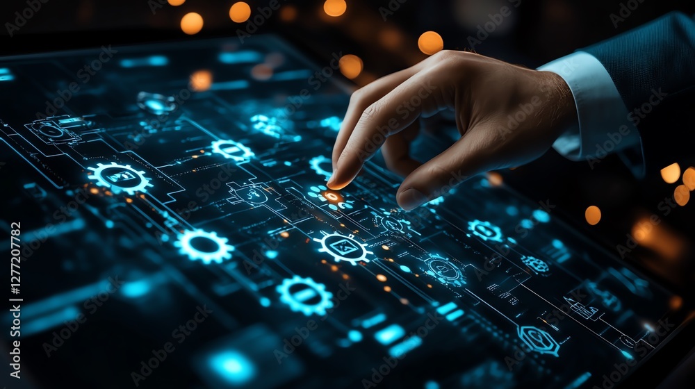 Robotic process automation RPA system automating business, businessman touching gear icons, efficient data exchange between applications on a network Robotic process automation RPA system automating business, businessman touching gear icons, efficient data exchange between applications on a network