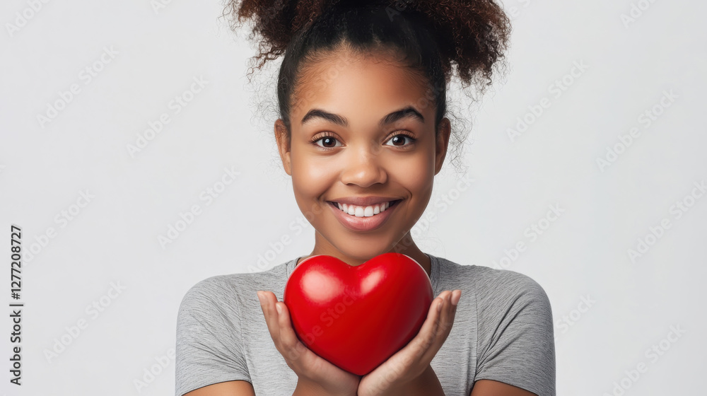 Young woman joyfully holding red heart symbolizing love and happiness Young woman joyfully holding red heart symbolizing love and happiness