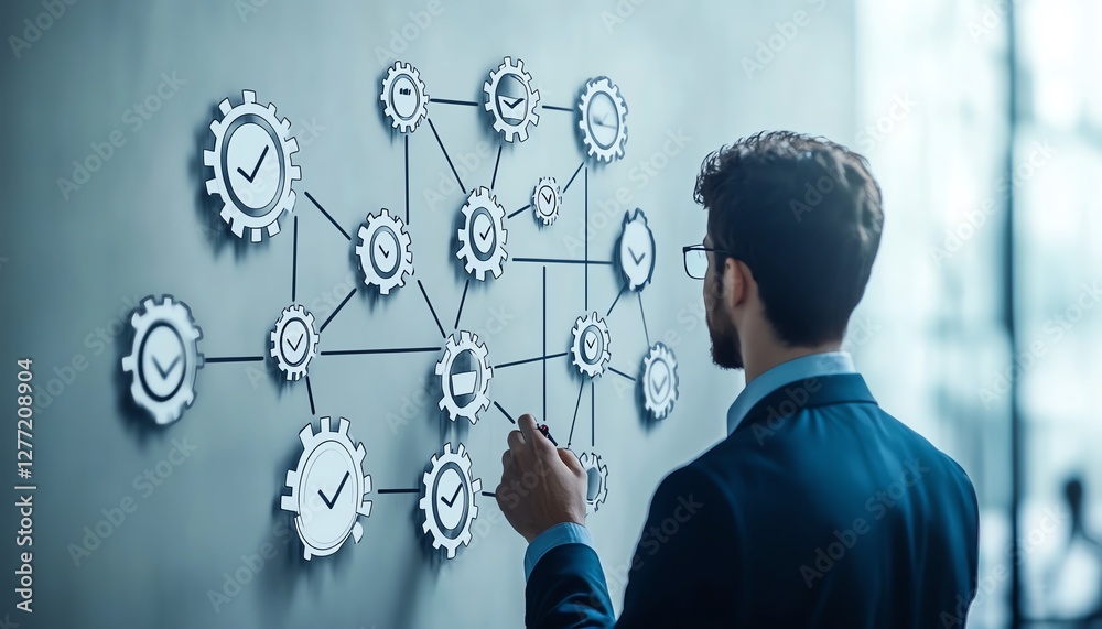 Flowchart representing business process automation, businessman interacting with checkmark and gears icons for seamless workflow management Flowchart representing business process automation, businessman interacting with checkmark and gears icons for seamless workflow management