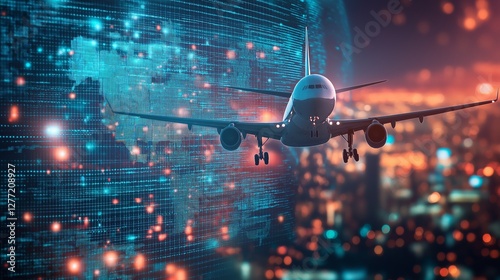 airplane with digital world background, symbolizing modern aviation technology, global connectivity, and the future of smart air travel and logistics, Generarative AI