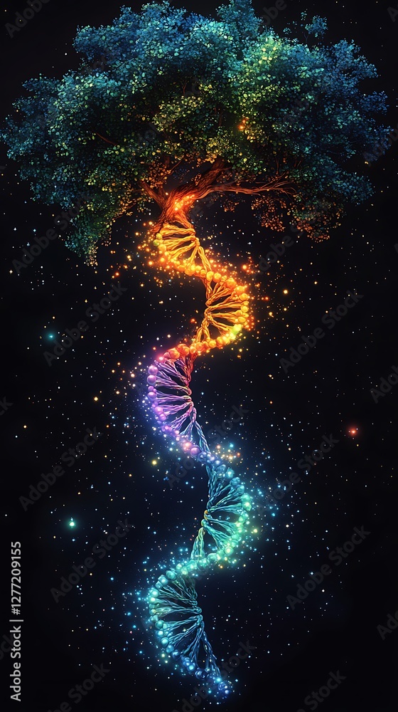 Obraz premium Mystical Illuminated Tree with a Stunning DNA Symbol Photo