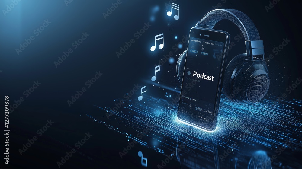 Naklejka premium Smartphone with podcast streaming visualization and music notes, representing modern digital media, audio entertainment, and the evolution of online content broadcasting and mobile stre, Generative AI