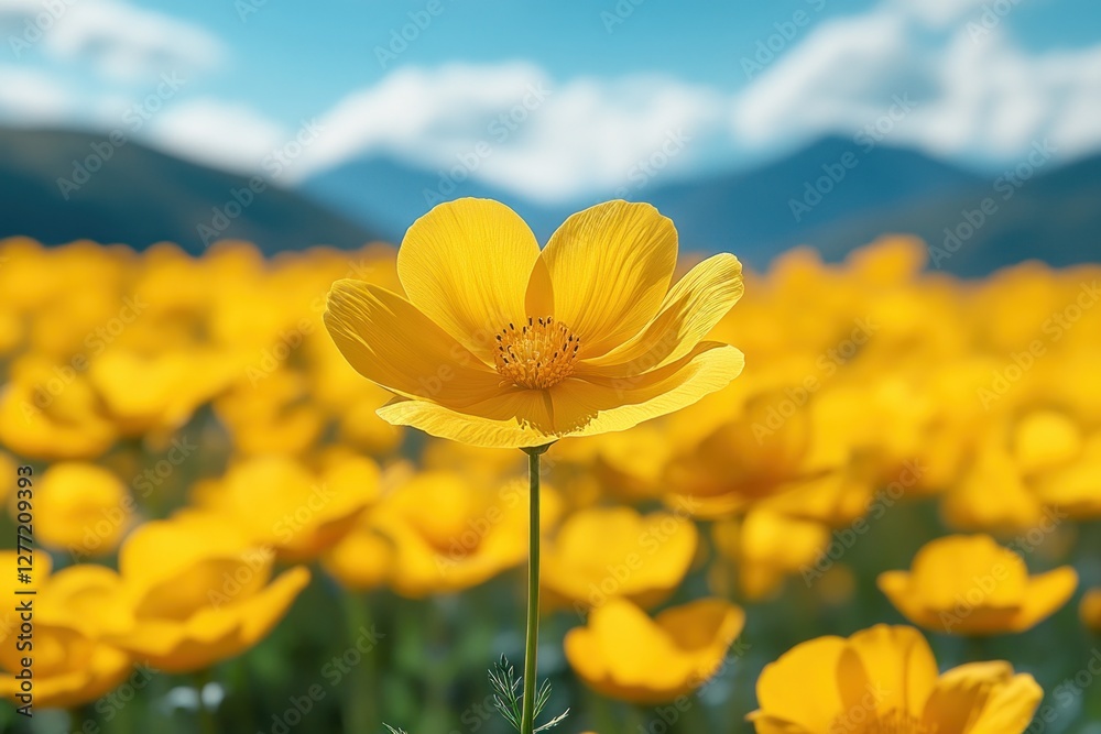 Obraz premium Vibrant Yellow Flower Field Under Bright Blue Sky