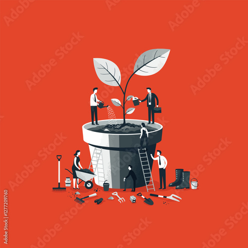 Business Team Growing Plant Investment Together Illustration on Red Background