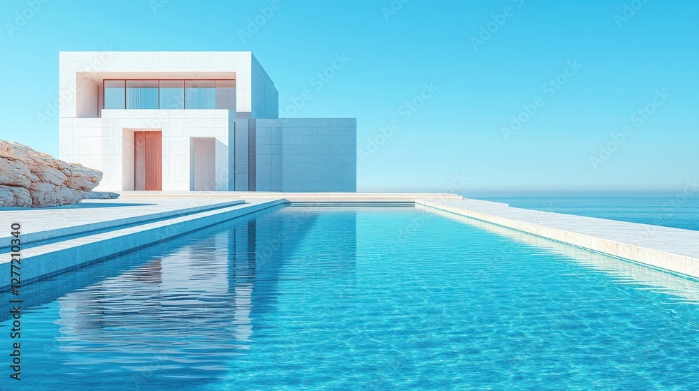 Fototapeta premium Luxury Hotel Resort with Beach and Sea View Minimalist Architecture in Santorini Style