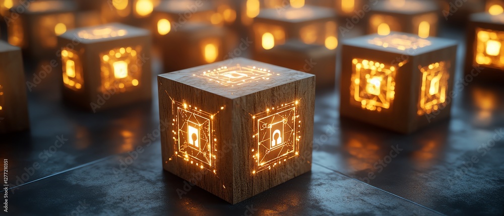 Obraz premium A top view of wooden cubes with people icons, representing online business collaboration and teamwork, with glowing digital connections