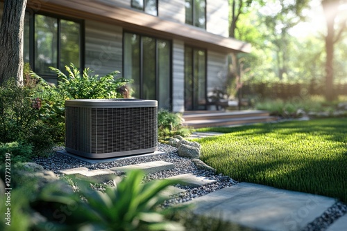 Modern Air Conditioning Unit in Minimalist Garden with Vibrant Green Grass and Clean Lines photo