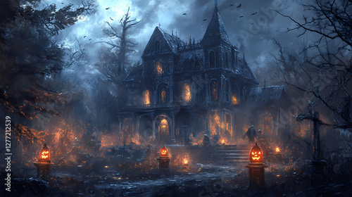 A haunted mansion with ghostly figures and flickering lanterns creates a chilling halloween scene. Ghostly Flickering Lanterns. Illustration photo