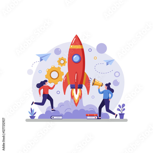 Rocket Launch and Business Growth Illustration with Team Celebrating Success