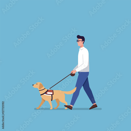 Man Walking Guide Dog Illustration on Blue Background for Assistance Concept