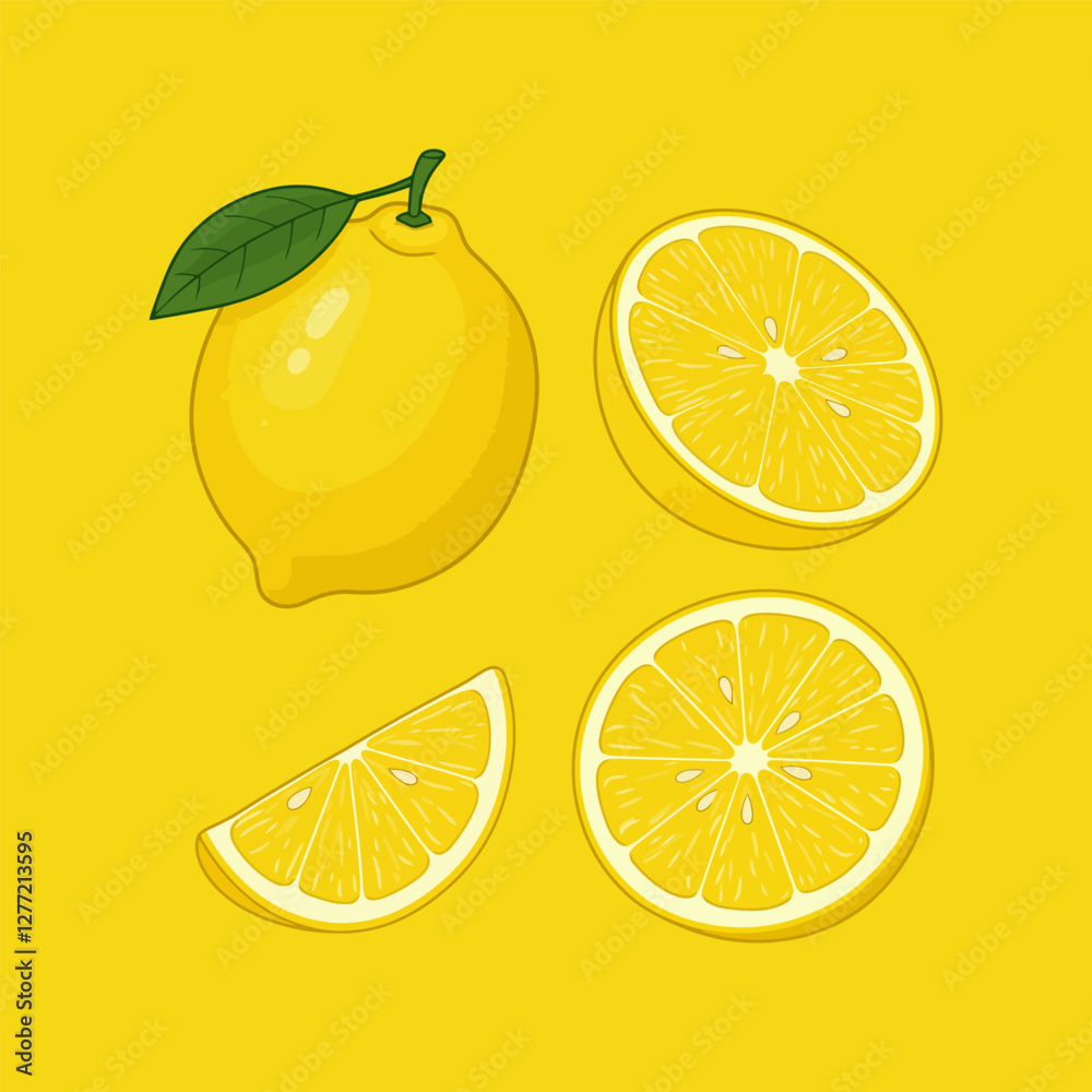Fresh Yellow Lemon Fruit Illustration with Halves and Wedge on Background Fresh Yellow Lemon Fruit Illustration with Halves and Wedge on Background