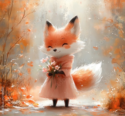 whimsical fox character in pink dress with flower gentle smile photo