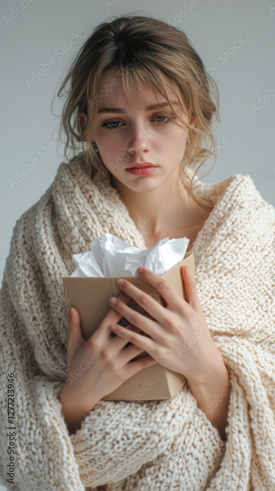 Cozy comfort: model wrapped in blanket holding tissue box for cold season relief Cozy comfort: model wrapped in blanket holding tissue box for cold season relief