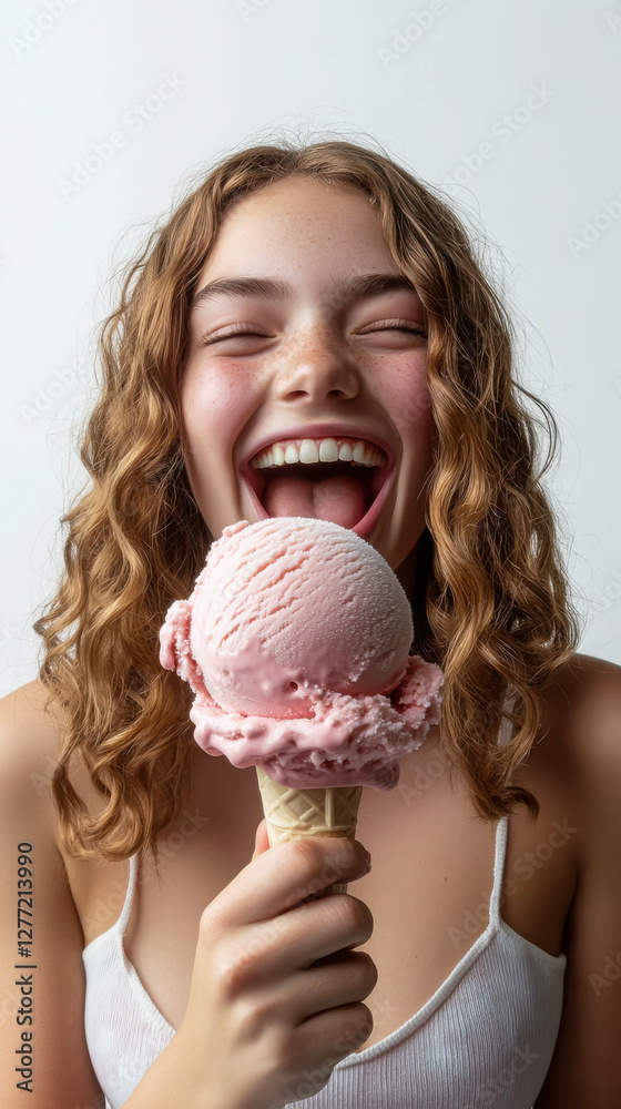 Joyful moment with delicious pink ice cream cone Joyful moment with delicious pink ice cream cone