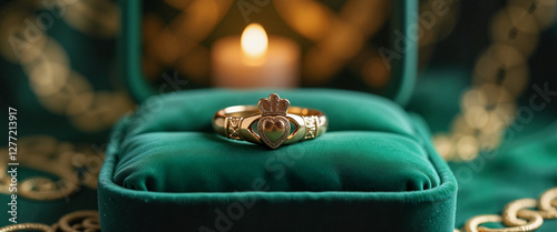 Claddagh ring on green velvet box with candle background
