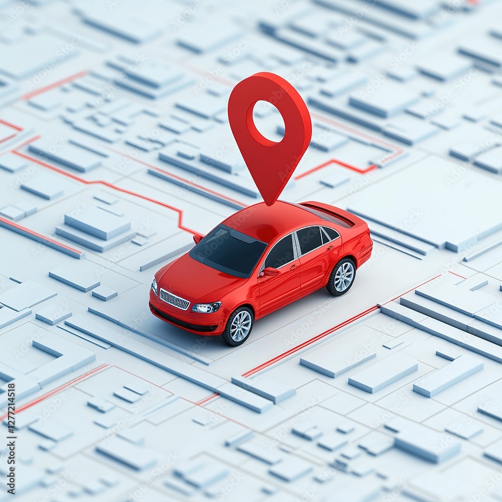 Fototapeta premium Navigating urban landscapes red car on gps map city environment digital illustration aerial view transportation concept
