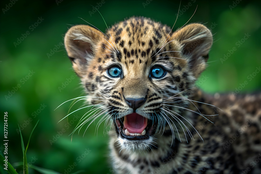 Fototapeta premium Leopard Cub Innocent Gaze with Brilliant Sapphire Eyes