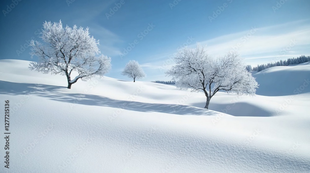 Fototapeta premium Frosty trees on snowy hills, clear sky; winter landscape, postcard