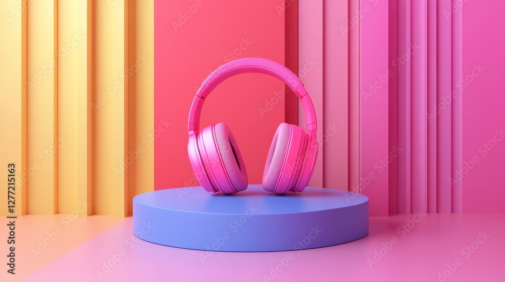 Pink Headphones on a Blue Pedestal in a Colorful Background. Possible use Online shop product display Pink Headphones on a Blue Pedestal in a Colorful Background. Possible use Online shop product display