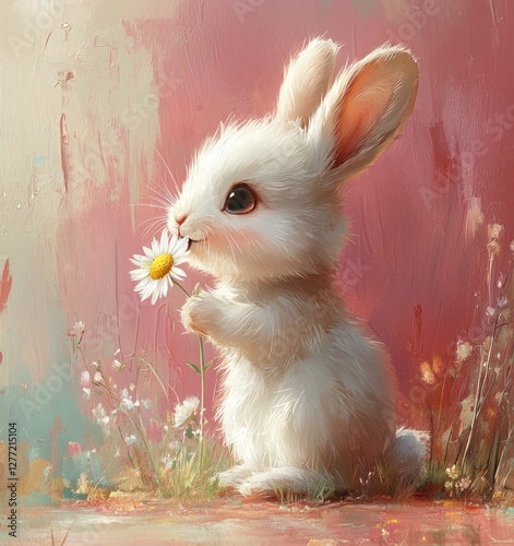 cute fluffy bunny with daisy flower portrait cartoon illustration photo